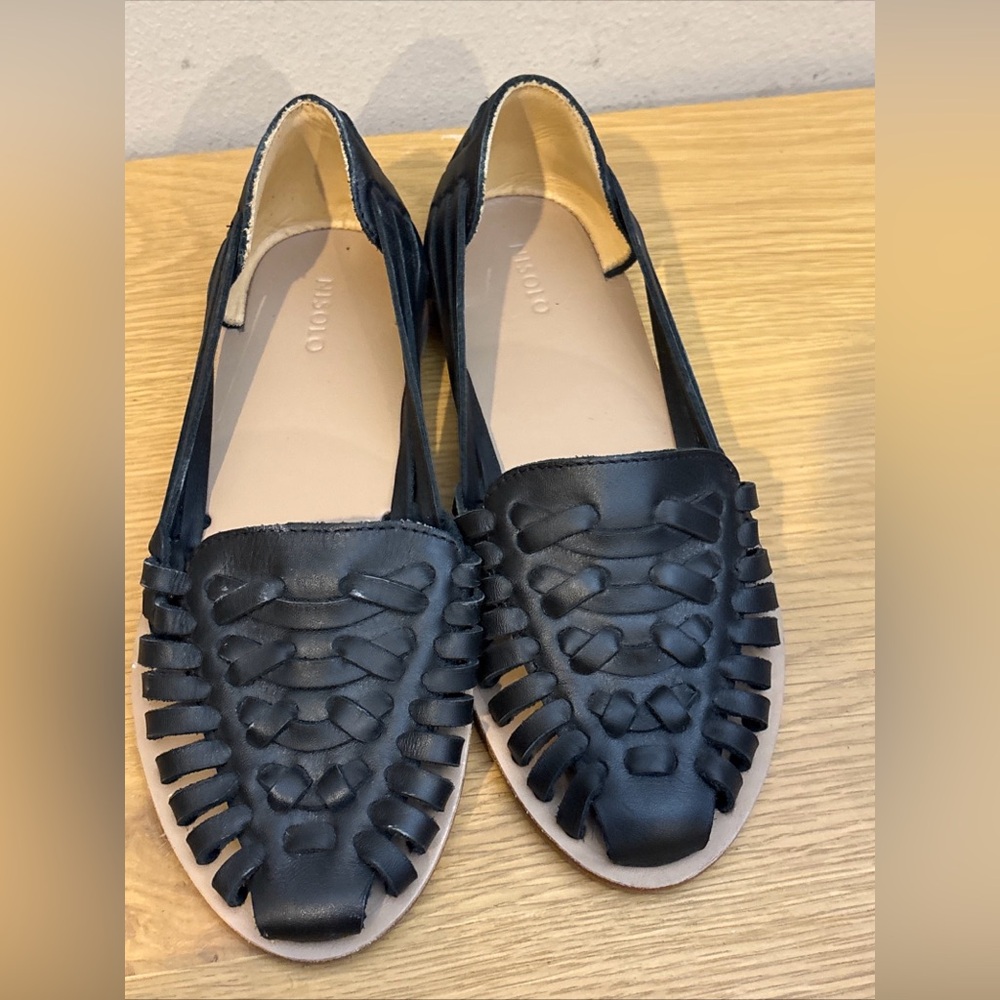 Nisolo Black Braided Leather Huarache Flats